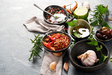 Food on dark background.
