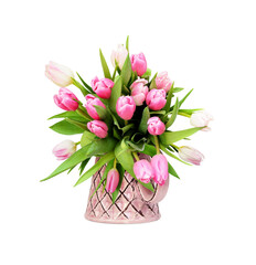 Beautiful spring bouquet of tulip flowers in a pink ceramic jug with checkered pattern isolated