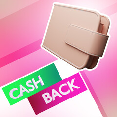 Cash back offer. Bonus money for purchase of goods. Promotion bonus money. Cashback label next to wallet. Square banner for advertising cash back. Wallet on pink background. 3d rendering.