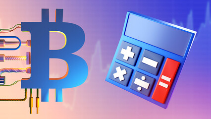 Bitcoin business. Bitcoins label next to calculator. Blockchain business investment concept. Cryptocurrency mining. Bitcoin business Trading. Cryptocurrency Growth Quotes. 3d rendering.