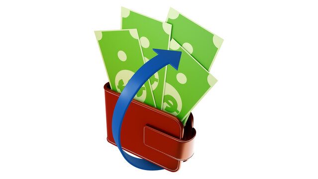Money income concept. Arrow is metaphor for receiving money. Green banknote in wallet. Getting income from work or business. Moneymaking symbol. Wallet with money on white background. 3d rendering.