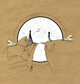 Two on the rock. A symbolic image of a couple in love on two separate slopes. The gap between lovers. Ink drawing of a landscape with a full moon.