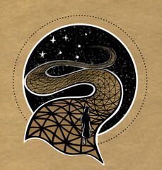 Road to the stars. A person walking on a wavy patchwork road. Symbolic image of the life path. Ink drawing.