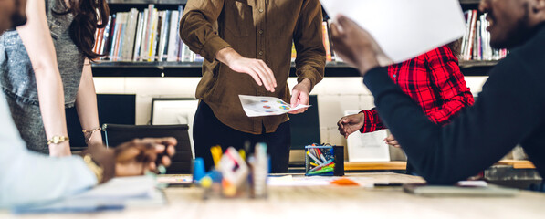 Group of business meeting and discussing strategy with marketing startup project analysis finance process.Success business people plan and brainstorm idea and document partner in office.Teamwork