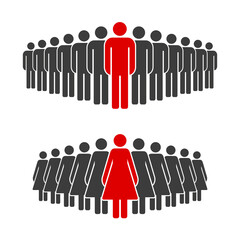 Man and woman standing out from the crowd. The red stick figure ahead of the black stick figures. Difference and individuality concept. People group icon. Vector illustration isolated on white.