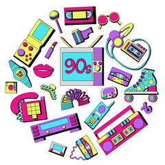 Hand drawn set of 90s, retro items placed in a circles. Set of retro pop culture items from the nineties. Vector illustration isolated on white background.  Set of icons  in cartoon 90s pop-art style
