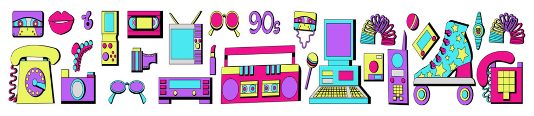  Horizontal banner for a web site of stickers cartoon 90s pop-art comic style. Hand drawn set of 90s, retro items.  Vector cartoon doodle character illustration wallpaper design.
