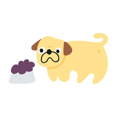 Pug looking at dish full of food. Vector illustration on white background.
