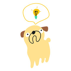 Pug having new idea. Funny vector hand drawn illustration on white background.