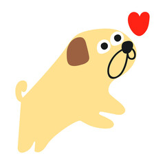 Cute pug with little red heart. Vector illustration on white background.
