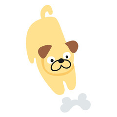 Pug playing with bone. Vector hand drawn illustration on white background.