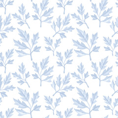 Floral background with leaves watercolor in hand drawn style. Spring leaves seamless pattern on white. Foliage illustration for paper, textile, wrapping and wallpaper.