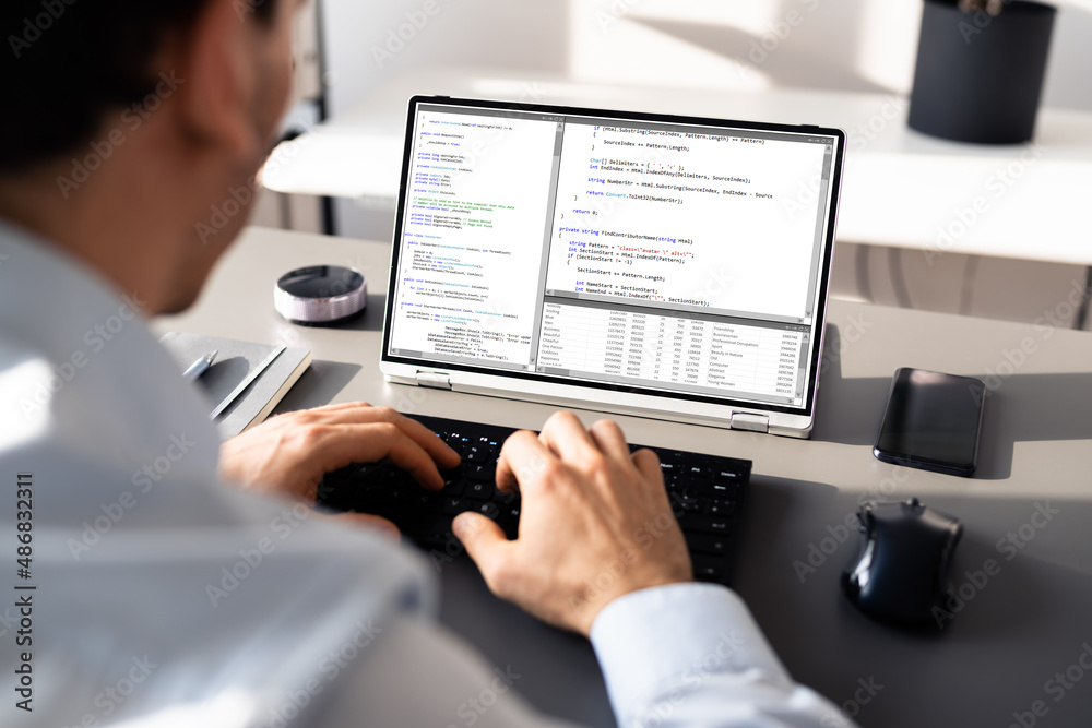 Poster computer programmer writing program code on computer