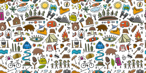 World Tourism Day. Forest and Mountain Tourist Seamless pattern. Camping Background for your design.