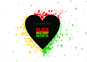 An abstract vector illustration of Black History Month with a black heart and a spray of red yellow and green dots