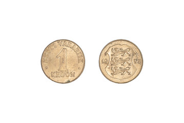 An old Estonian coin isolated on black, 1 kroon 1998 year. Coinage, close-up.