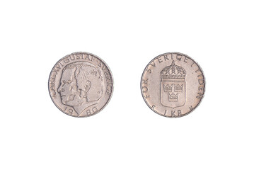 Coin 1 crown on a black background, close-up. Carl XVI Gustav. Sweden. 1980