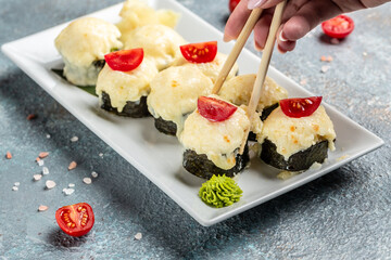 Japanese traditional baked roll with fish and sauce, Restaurant menu, dieting, cookbook recipe top view