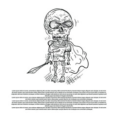 doodle vector illustration of a human skeleton character who becomes a hero with a flying cloth and a sword