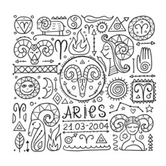 Illustration of Aries zodiac sign. Element of Fire. Design of Astrology Calendar, Horoscope, Print.