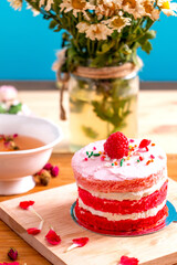 Red velvet cake on wooden plate and tea on wooden table for celebrate in christmas and new year festival.