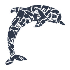 Dolphin silhouette made from plastic trash on a white background. Eco banner. Flat vector illustration. EPS10