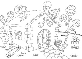 Candy house building exterior graphic black white landscape sketch illustration vector