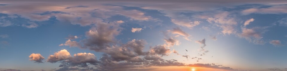 Dark blue sunset sky panorama with pink Cumulus clouds. Seamless hdr 360 panorama in spherical equirectangular format. Full zenith for 3D visualization, sky replacement for aerial drone panoramas.