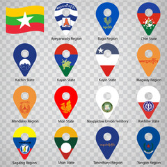 Fototapeta premium Fifteen flags the Administrative divisions of Myanmar - alphabetical order with name. Set of 2d geolocation signs like flags Myanmar Regions. Fifteen 2d geolocation signs for your design. EPS10 