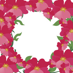 Frame of pink flowers and leaves with a round hole
