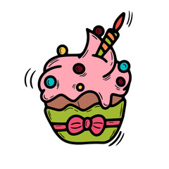 A hand-drawn birthday cake on a white background. Isolated vector illustration. Sweet food.