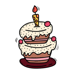 A hand-drawn birthday cake on a white background. Isolated vector illustration. Sweet food.