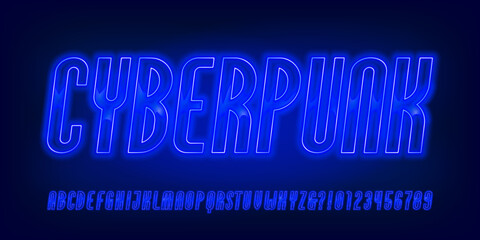 Cyberpunk alphabet font. Neon letters, numbers and symbols. Stock vector typescript for your design.