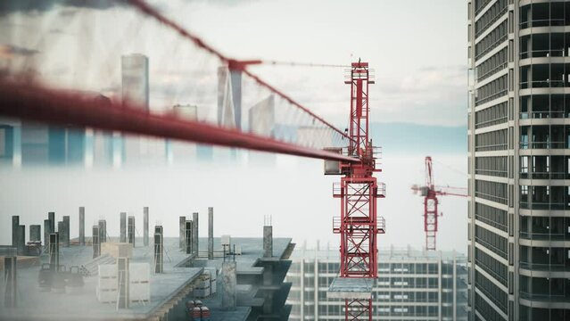 High tower cranes building real estate. Tower crane lifting material in building site. Construction site against the background of skyscrapers. 3d visualization