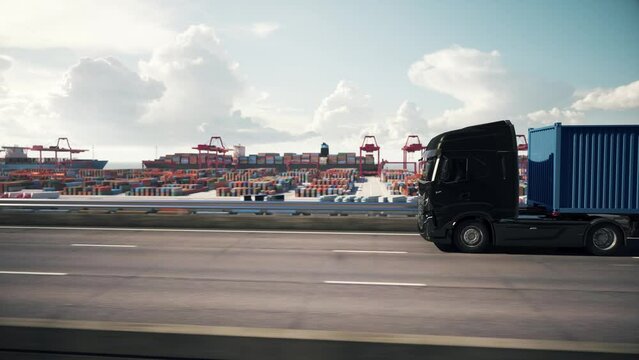 Cargo truck with container driving to the port. 3d animation