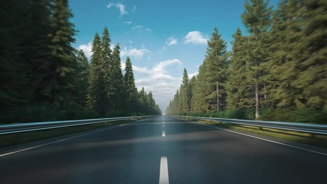 Driving along the road along the forest. POV shot from a camera driving through beautiful empty road. Looped video. 