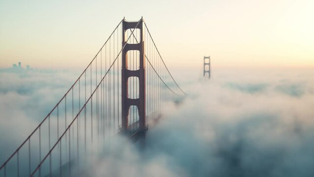 Golden Gate Bridge Covered in Fog. Golden Gate Bridge in misty weather. Golden Gate covered by fog. 3d visualization
