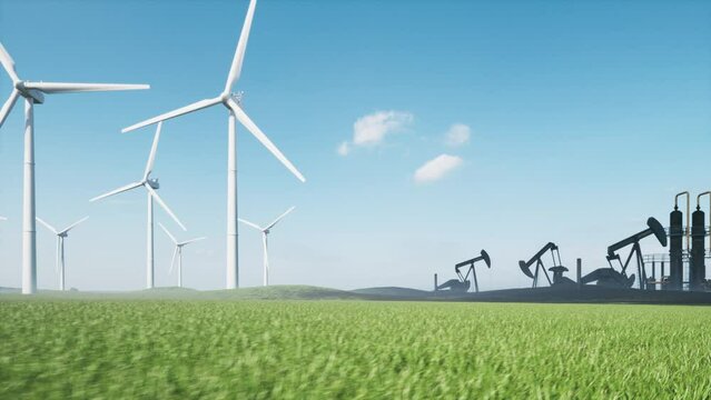 The concept of transition to alternative energy. From oil production to electricity energy. 3d visualization