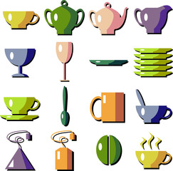 icons tea utensils volumetric with shadows