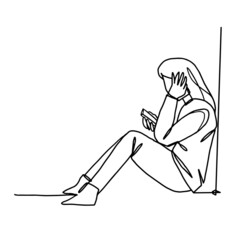 Continuous line drawing. Sad woman looking at mobile phone. Vector