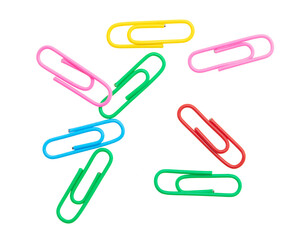Multi-colored paper clips isolated on a white