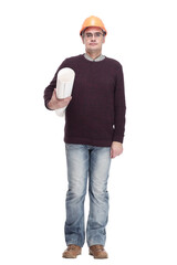 man in a protective helmet with drawings of a new project