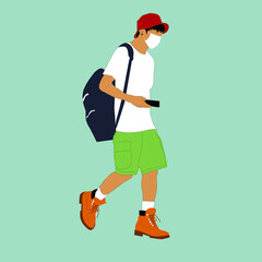 Vector illustration of Kpop street fashion. Street idols of Koreans. Fashion for male idols Kpop. A guy in green shorts, a red hat and brown shoes and with a blue backpack.