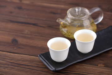 Chinese Gongfu tea has a pot of tea and two tea bowls