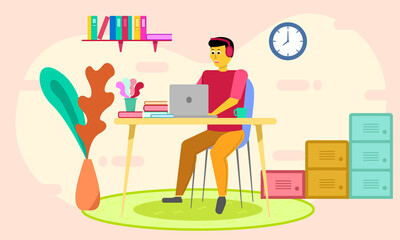 Study and working from home vector illustration. Person sitting in front of a laptop illustration. Freelancer and student concept for poster, banner, flyer, education and business template.