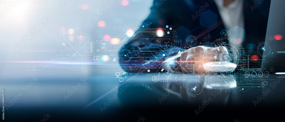 Fototapete Engineer programmer using laptop analyzing software coding and development at various information on futuristic virtual interface. Data scientists. Algorithm. IoT.  learning of artificial intelligence