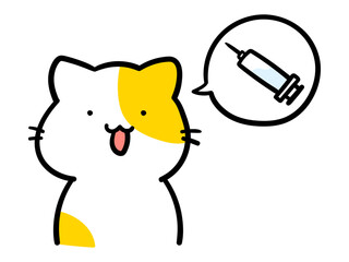 注射とワクチンについて話すかわいいねこのキャラクターの手書き風イラスト