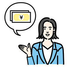 お金の説明をしているスーツを着た若い女性
