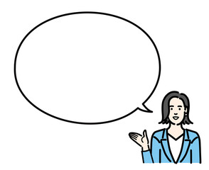 吹き出しで説明するスーツを着た若い女性
