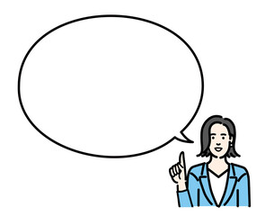 吹き出しで説明するスーツを着た若い女性

